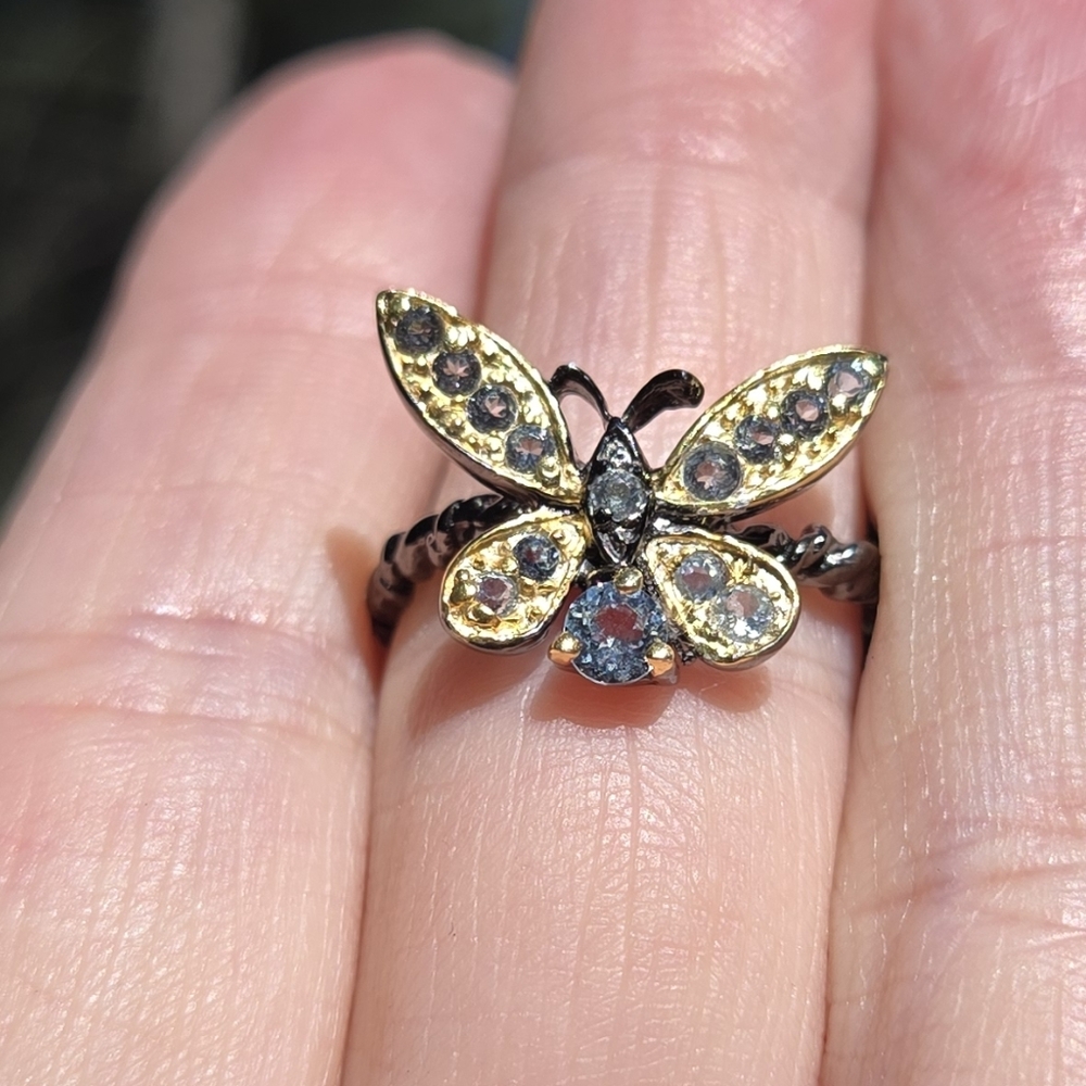 Blue Topaz Natural Gemstone Sterling Rhodium & Gold Butterfly Ring Sz7 - Picture 8 of 10